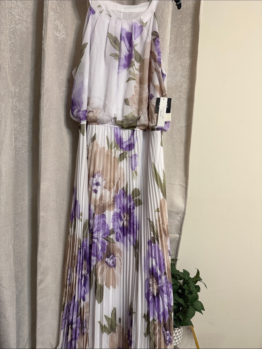 Floral Pleated Halter Maxi Dress in Purple and Taupe